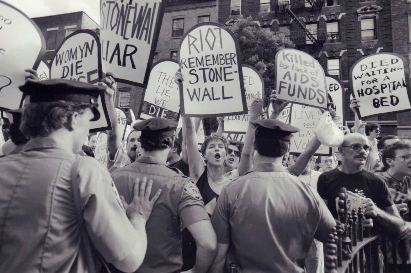 On June 6, 1989, activists protest during the dedication ceremony of Stonewall Place on Christopher Street in Greenwich Village, New York. (Photo by Erica Berger/Newsday RM via Getty Images)