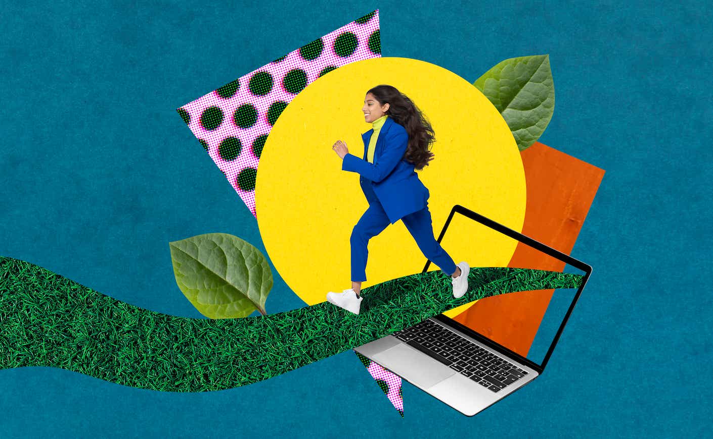 Collage image of Business woman running out of computer into a new beginning