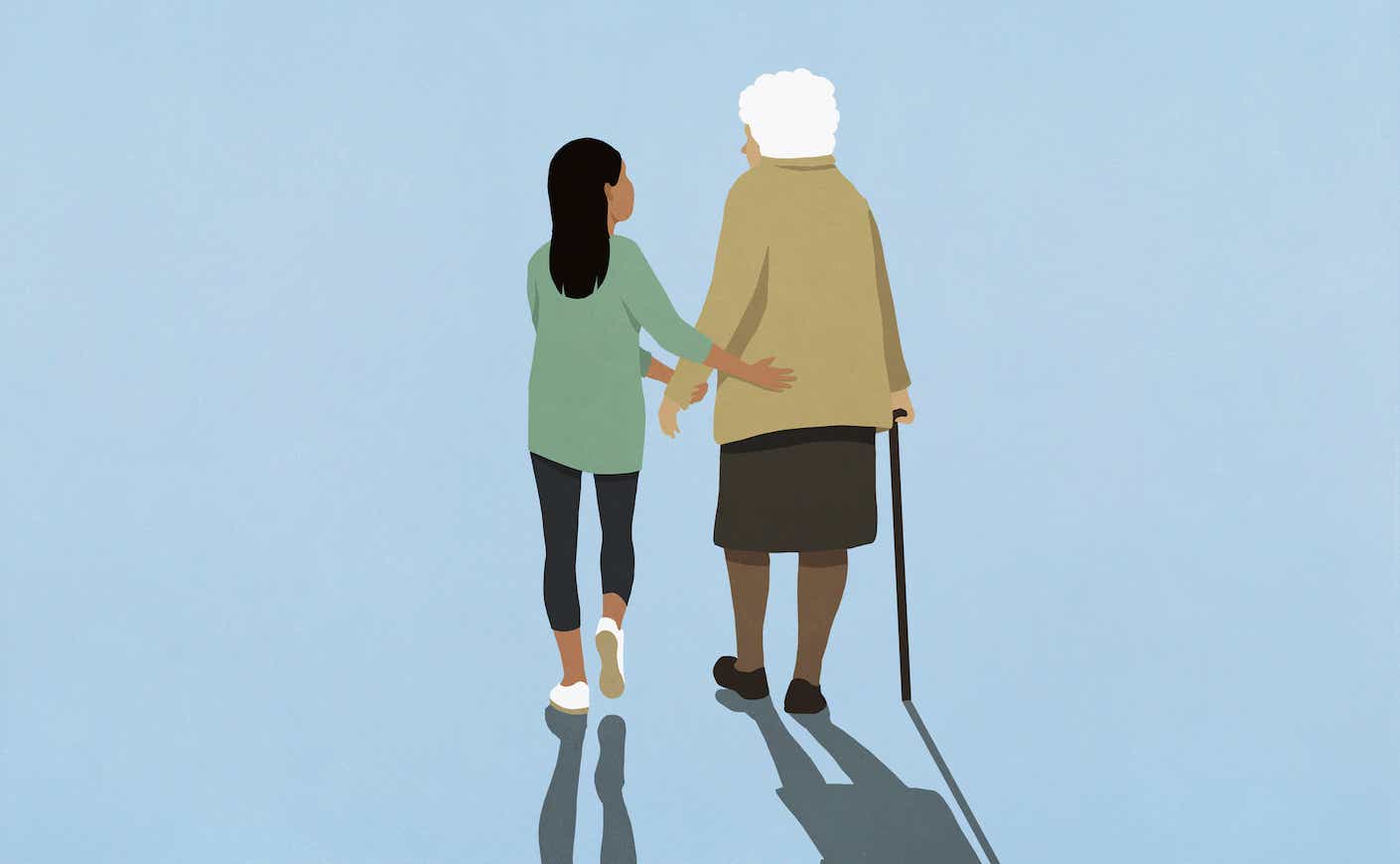 Illustration of young woman escorting older woman