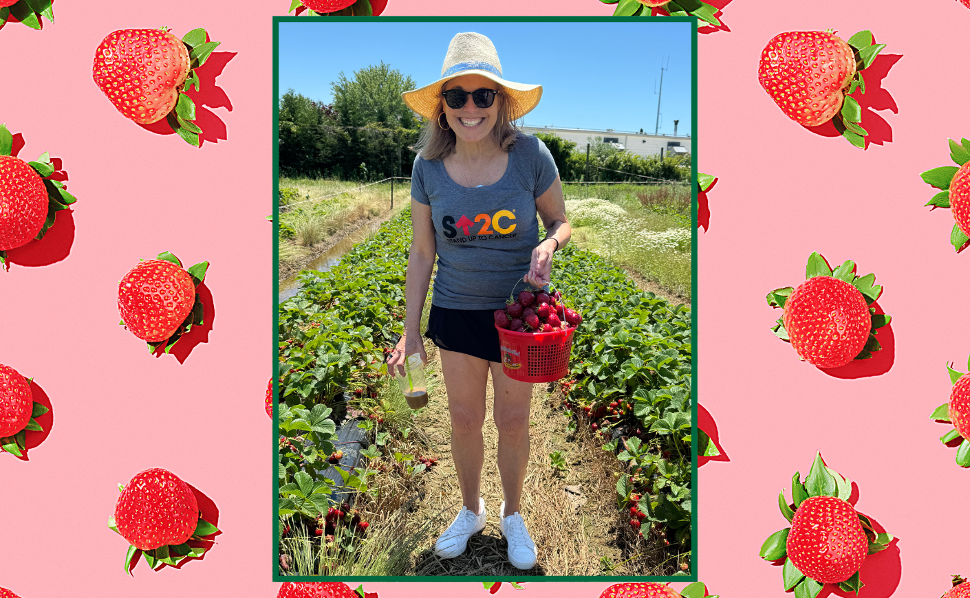 Katie Couric picking strawberries on background of strawberries on pink background