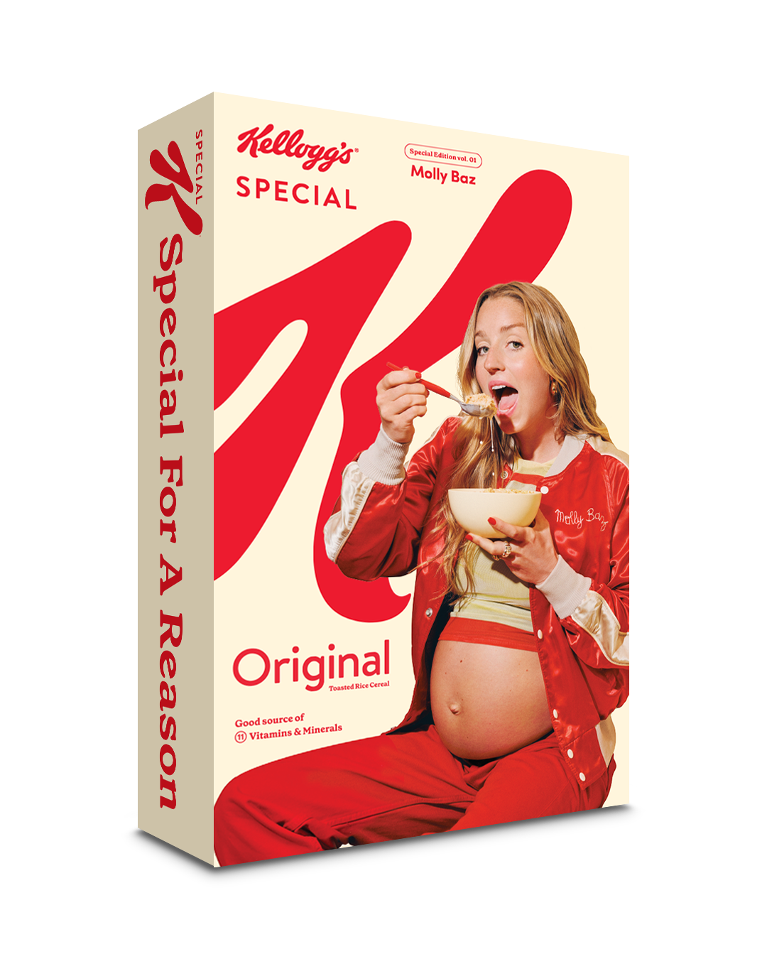 Pregnant Molly Baz wears a red tracksuit and eats a bowl of cereal, on a box of Special K.