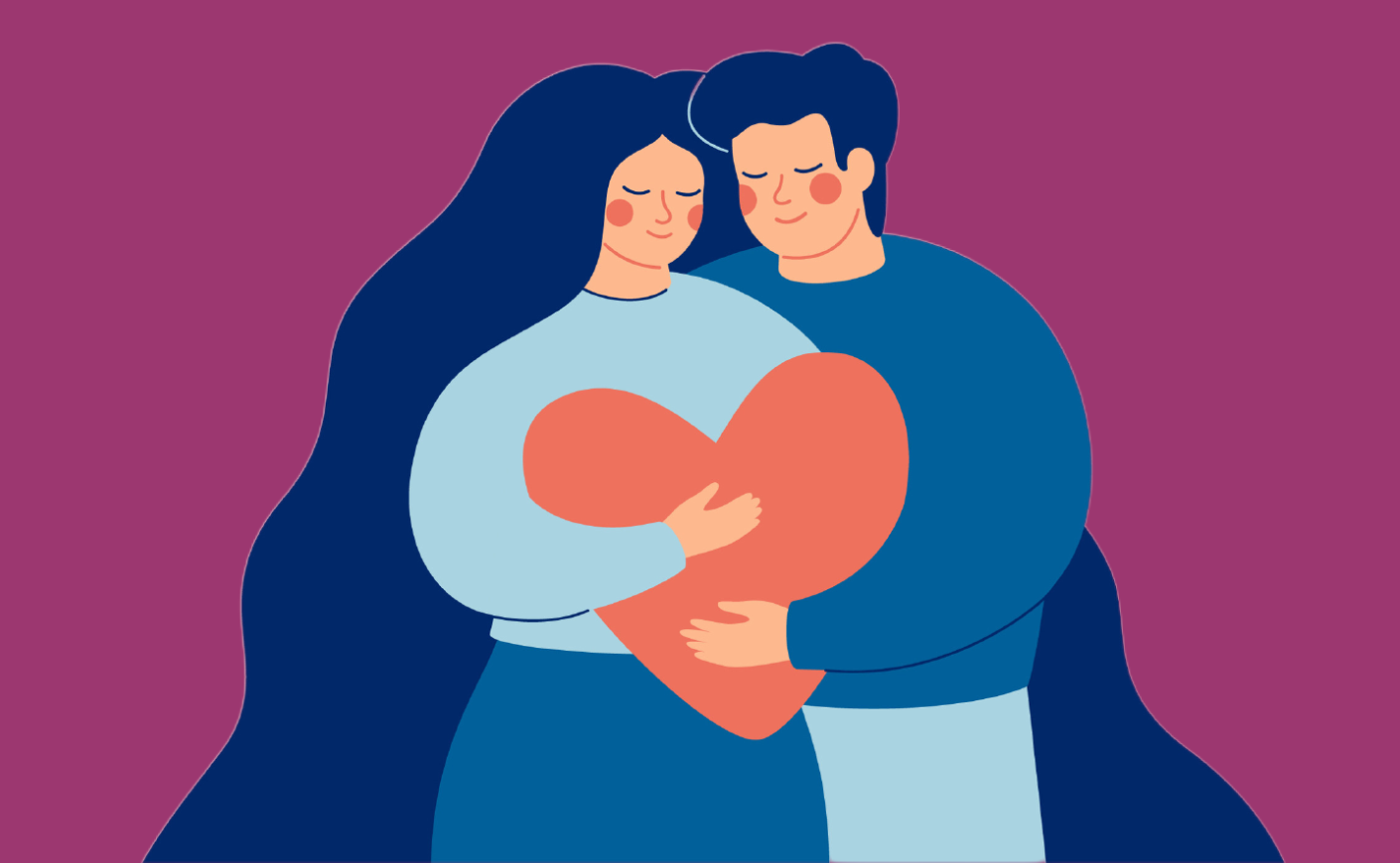 Illustration of a couple holding a heart in their arms