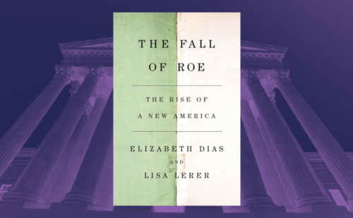 The Fall of Roe book cover on background of purple dramatic supreme court