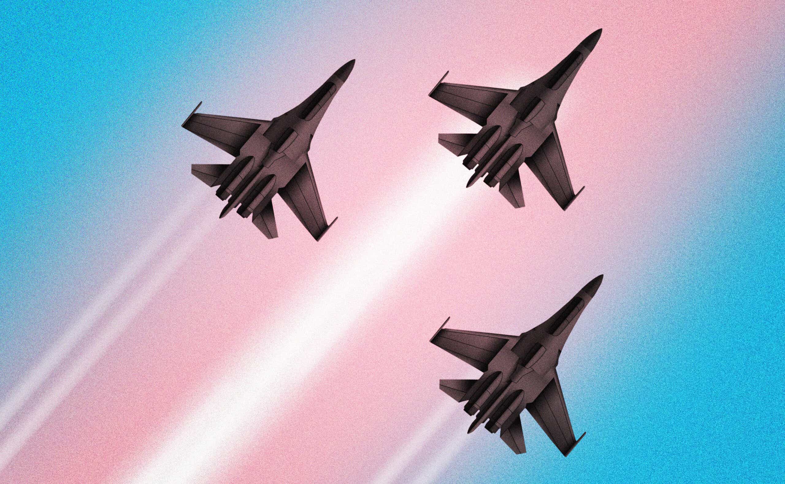 Illustration of Air Force jets flying over the colors of the transgender flag