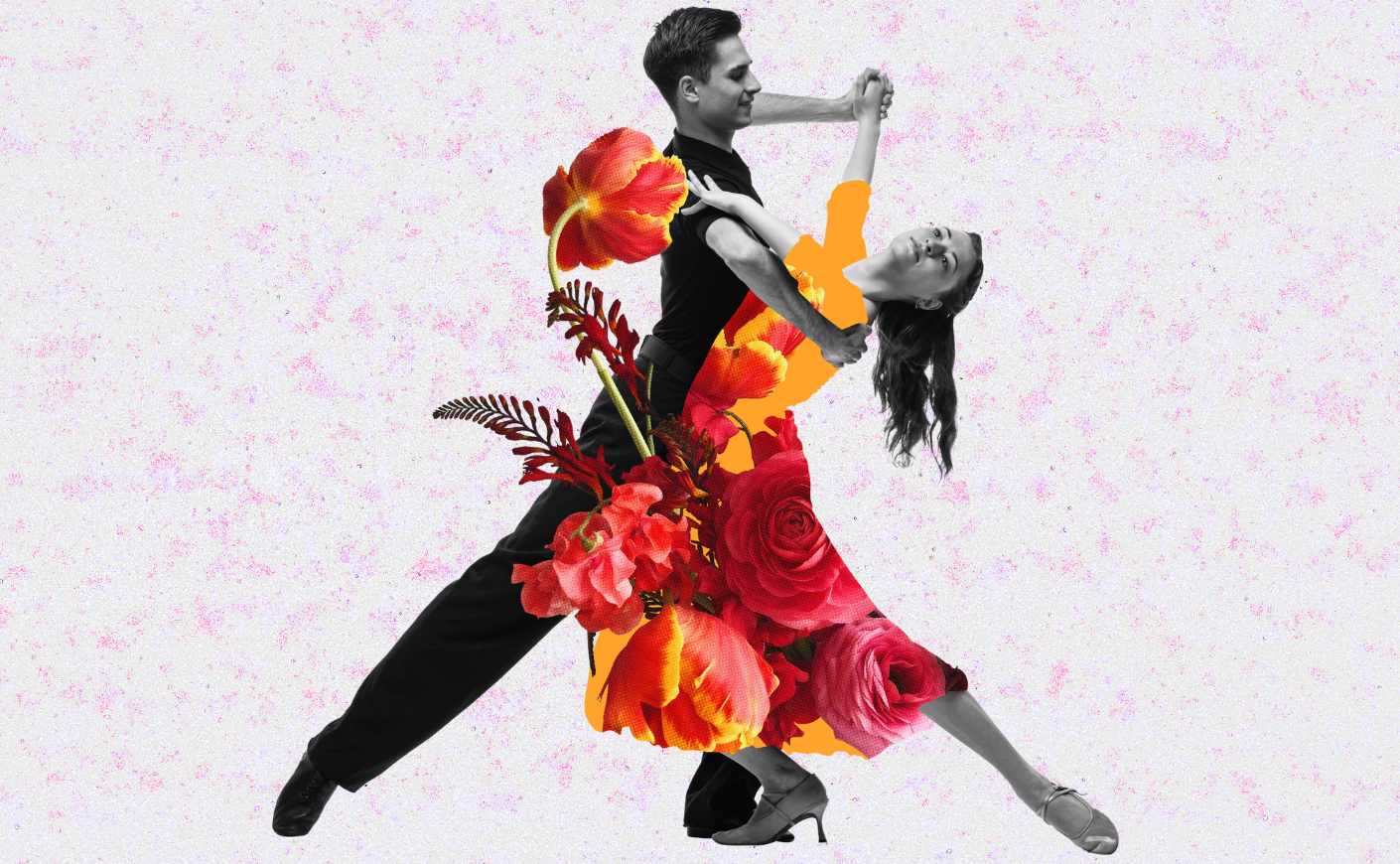 a man and a woman ballroom dancing, woman's dress made of flowers