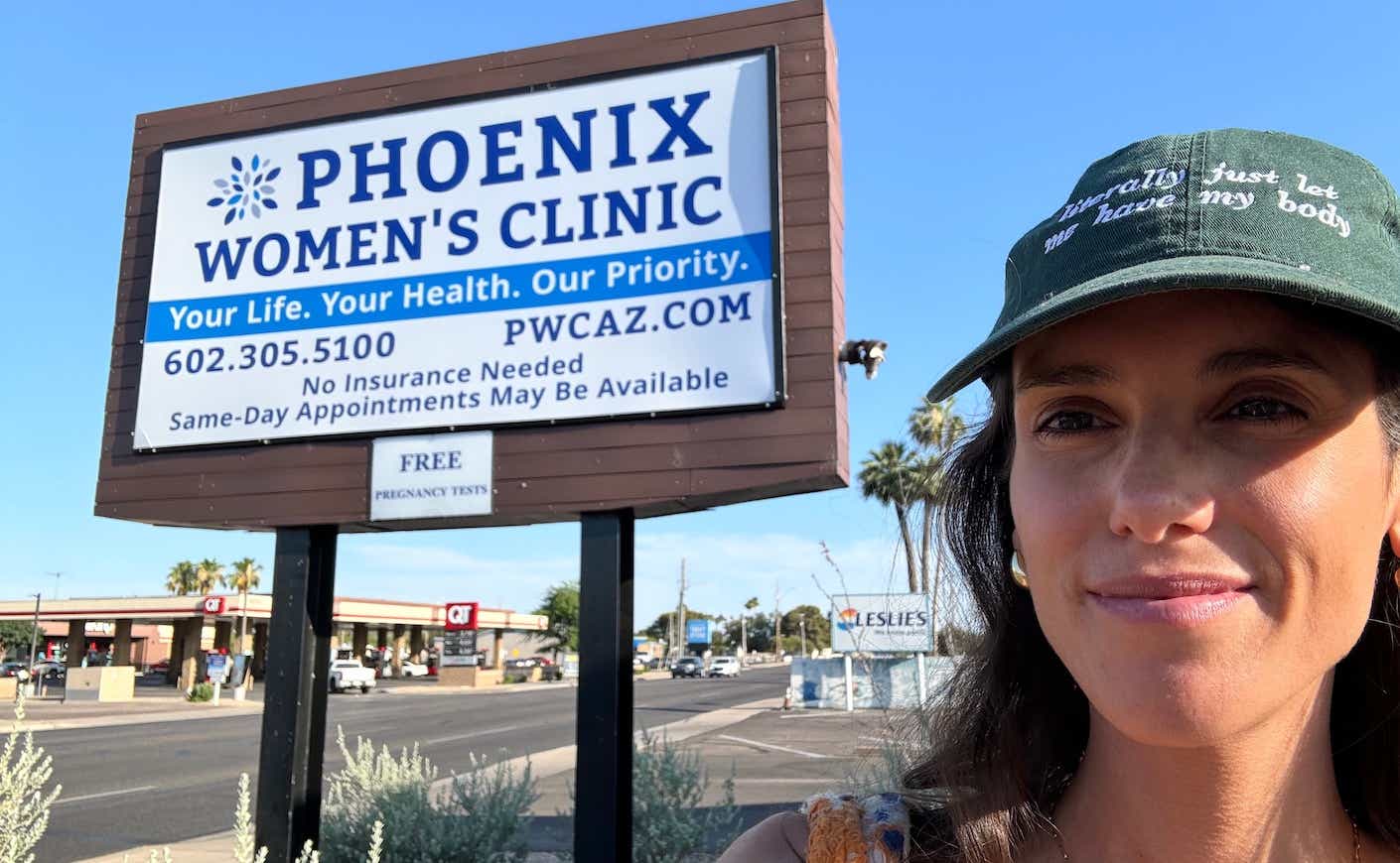 Liz Plank in front of a fake abortion clinic in Arizona