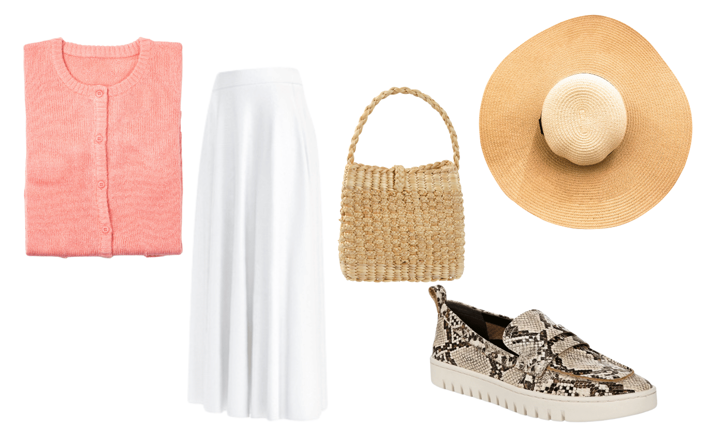 cardigan sweater straw hat and bag and loafer
