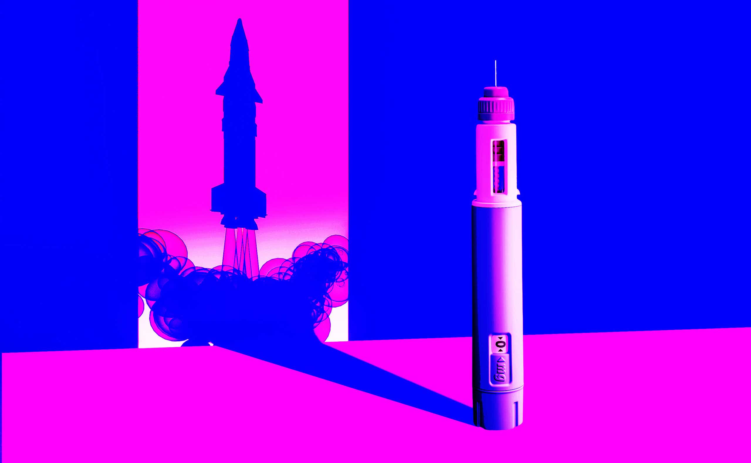 a medication injection pen with a rocket ship as its shadow