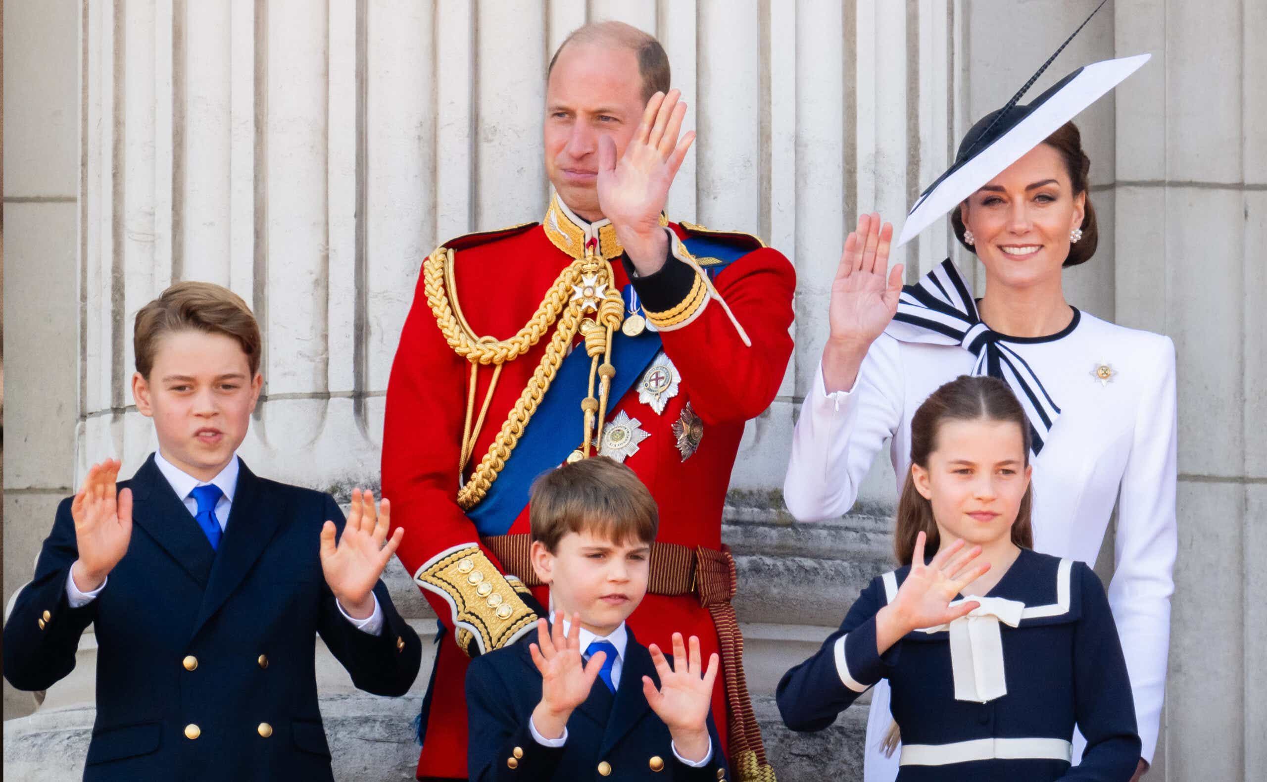 Prince William, Kate Middleton, and their children waving at the Trooping the Colour