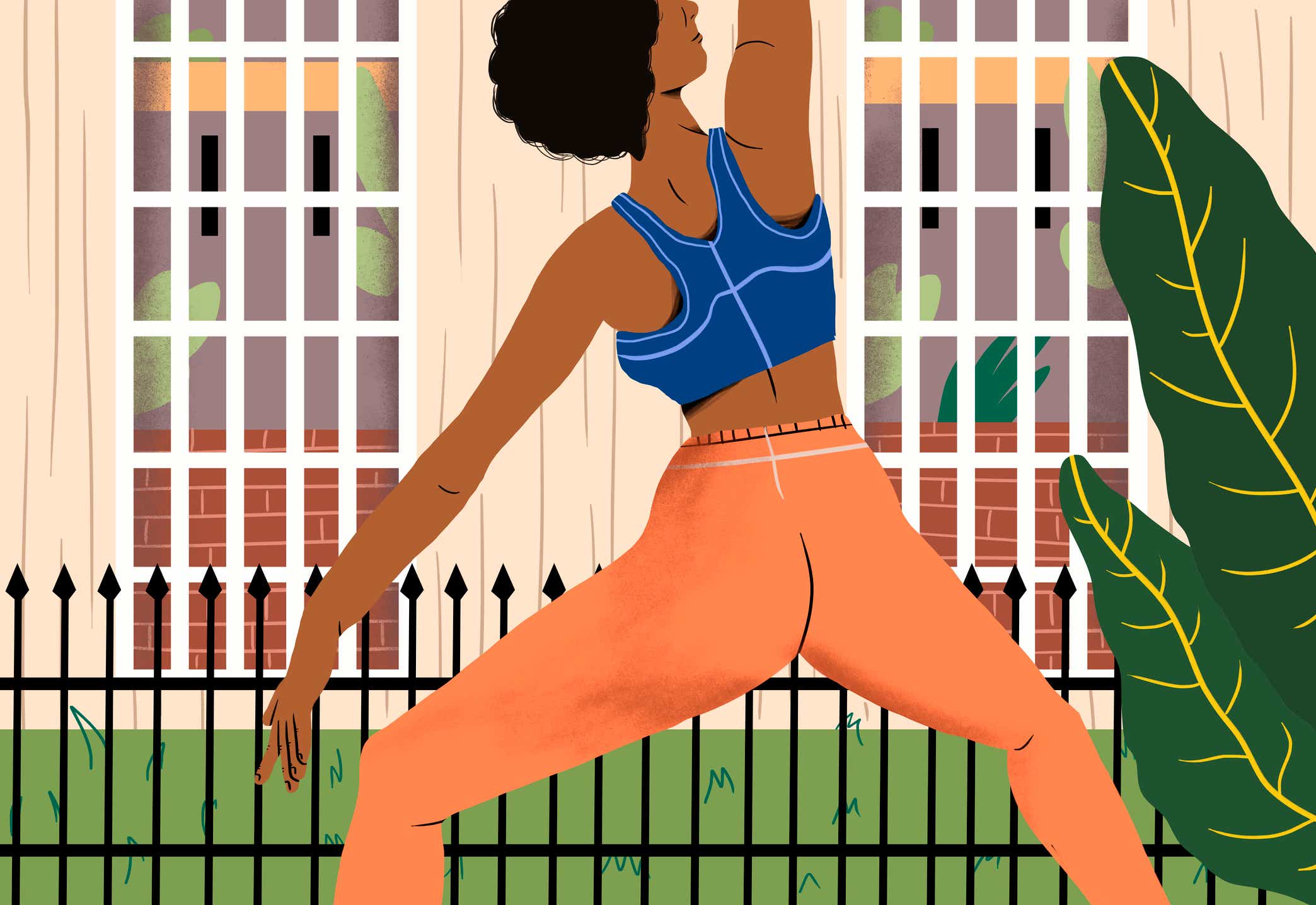 Illustration of woman stretching while wearing a vest.