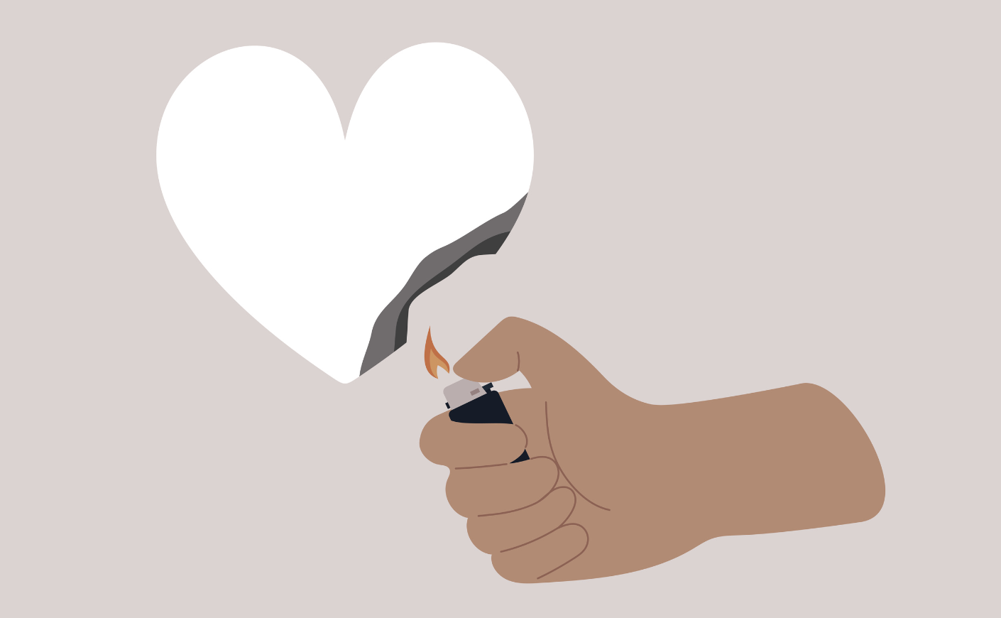 Illustration of a hand holding a lighter, which is burning a white heart