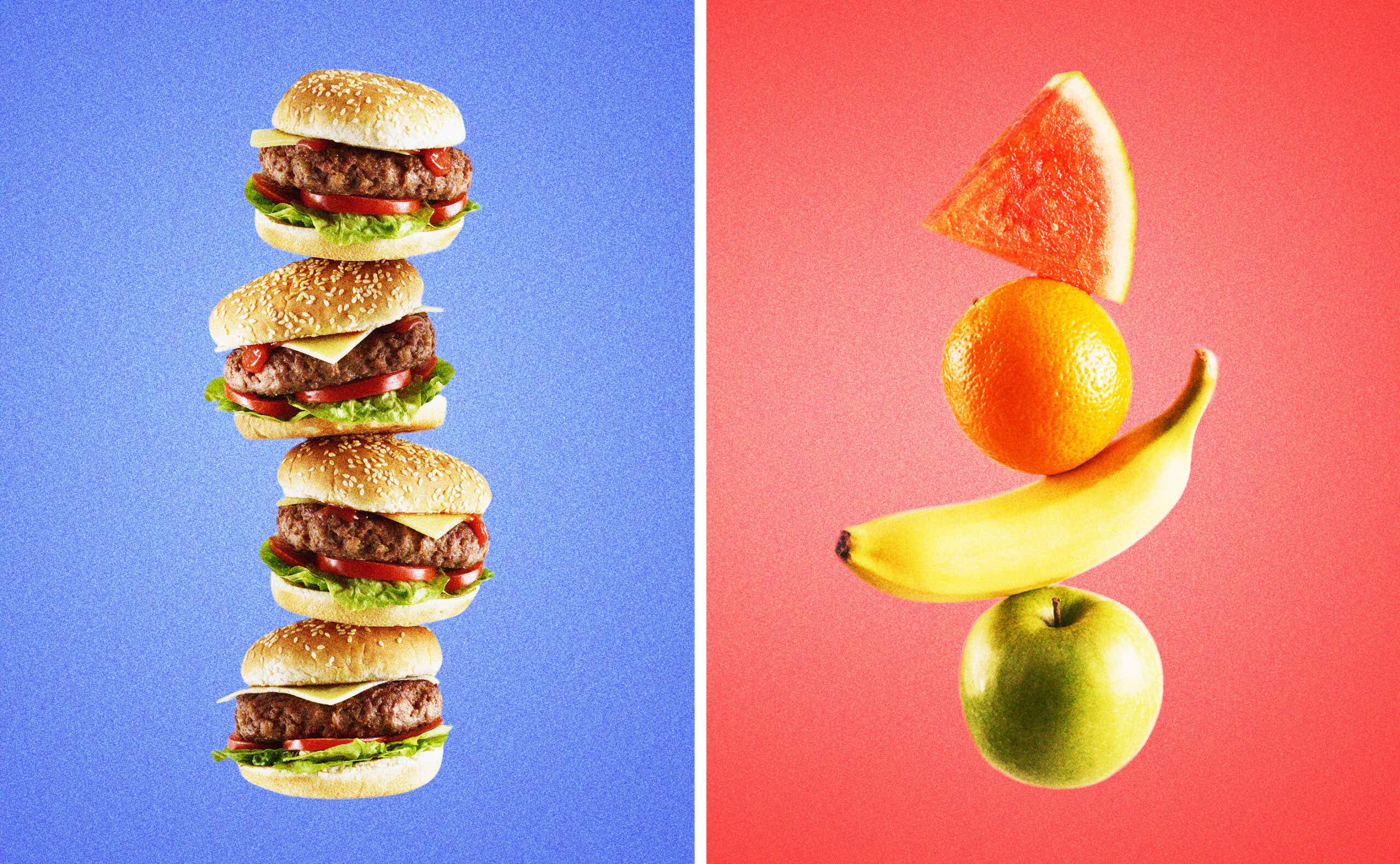 a tower of hamburgers against a blue backdrop and a tower of fruit against a red backdrop