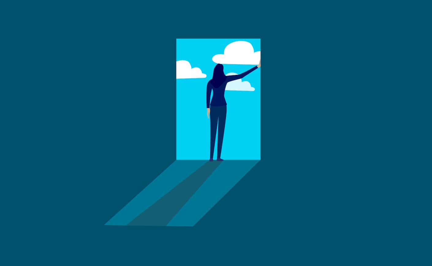 Illustration of woman standing in doorway to an open sky