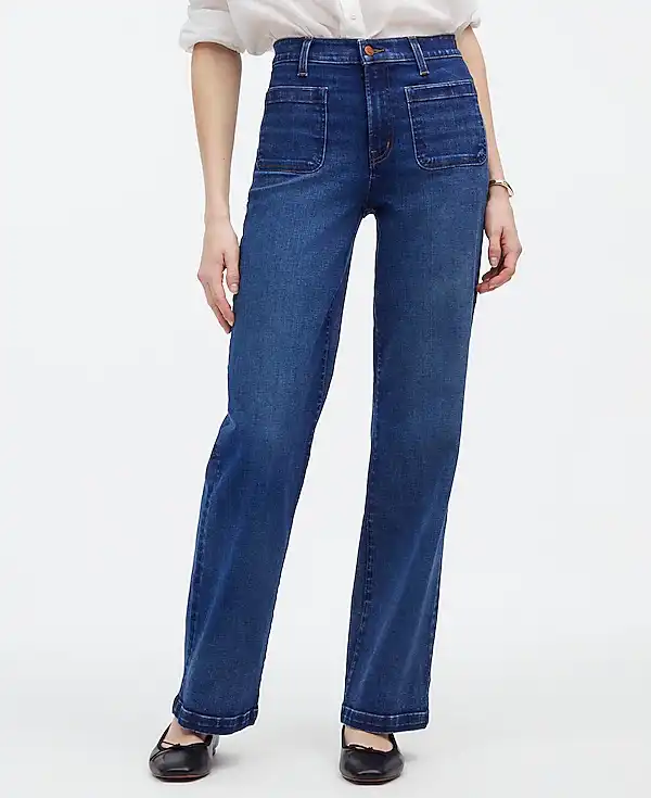 The Emmett Wide-Leg Full Length Jean: Patch Pocket Edition blue jeans on model