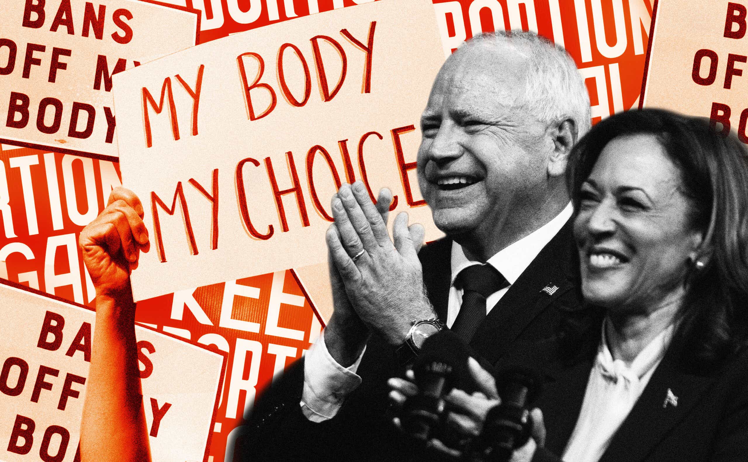 kamala harris and tim walz clapping against a backdrop of reproductive rights protest signs