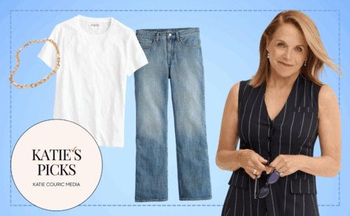 Katie Couric surrounded by her favorite wardrobe pieces.
