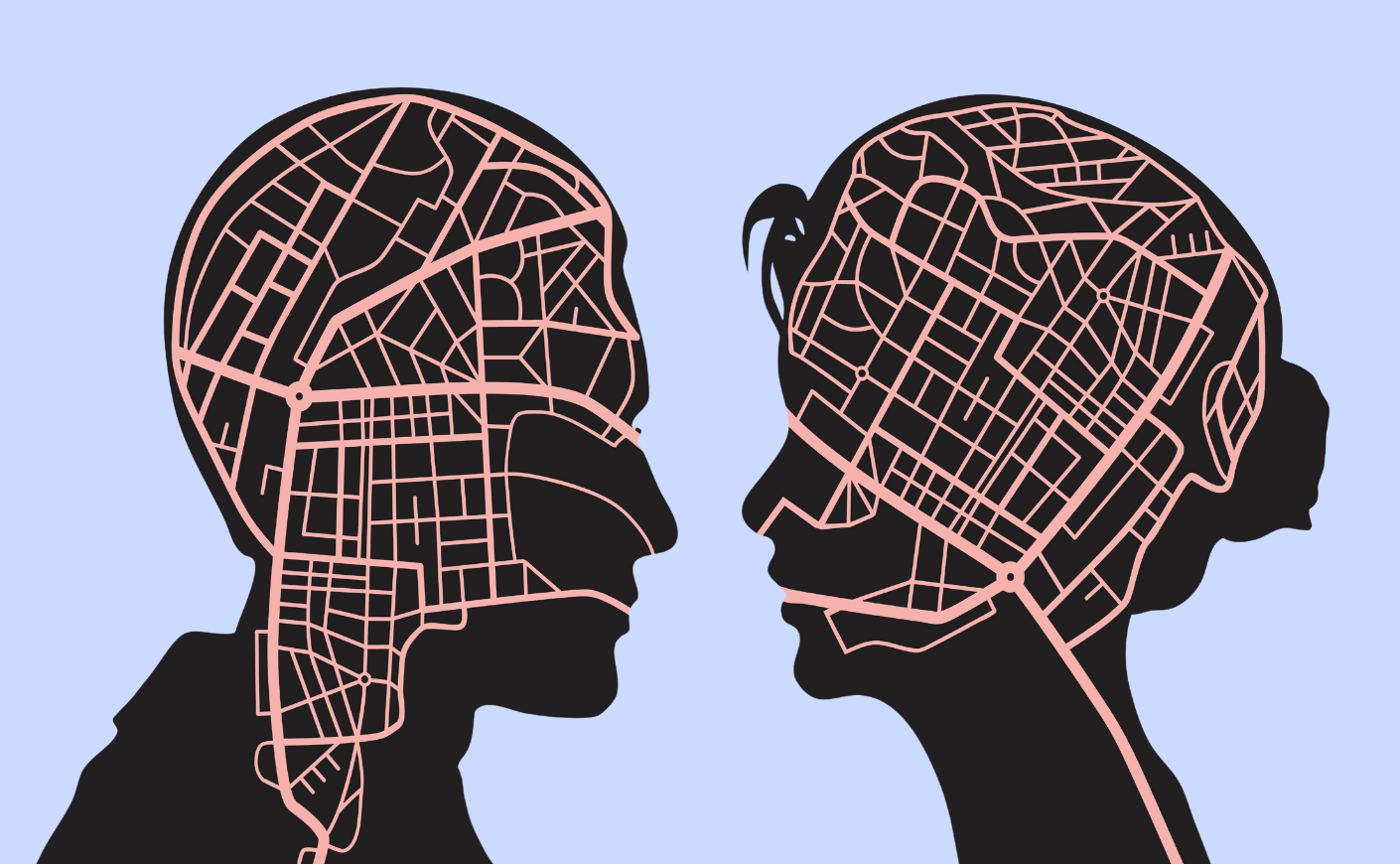 two human head silhouettes with maps inside