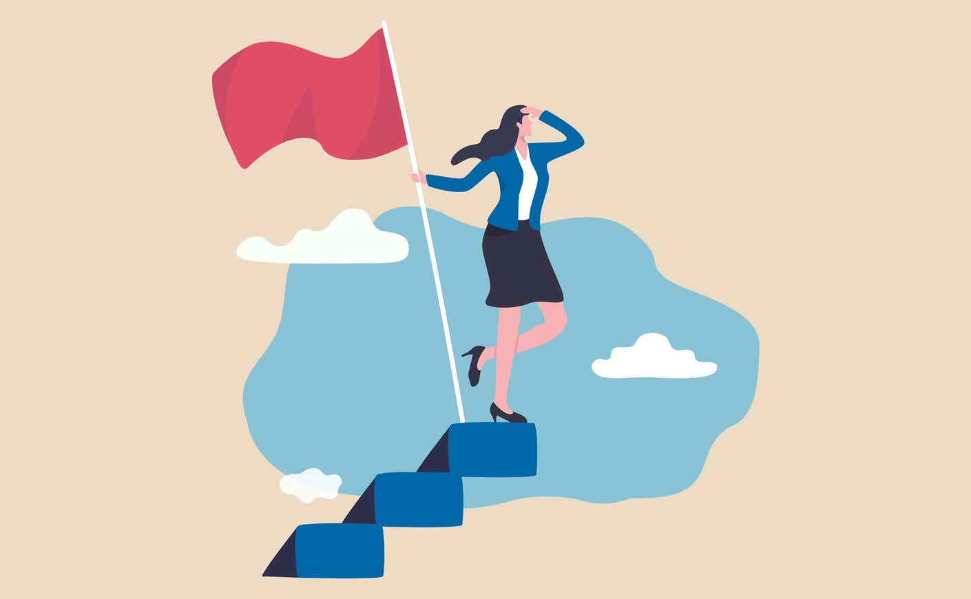 an illustration of a business woman at the top of a flight of stairs