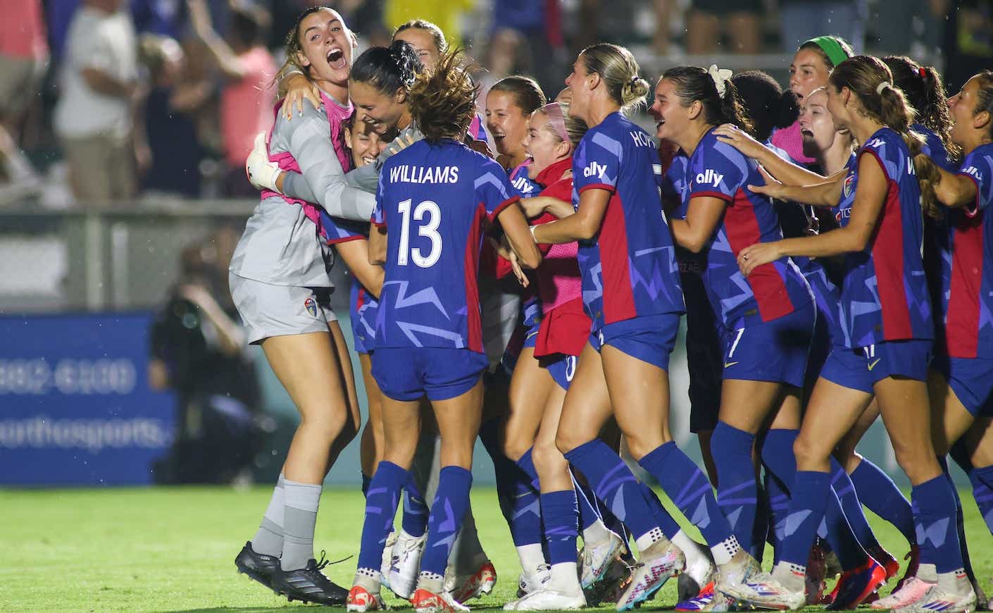 The North Carolina Courage celebrate the win during the NWSL game between the North Carolina Courage and the Orlando Pride on July 20, 2024