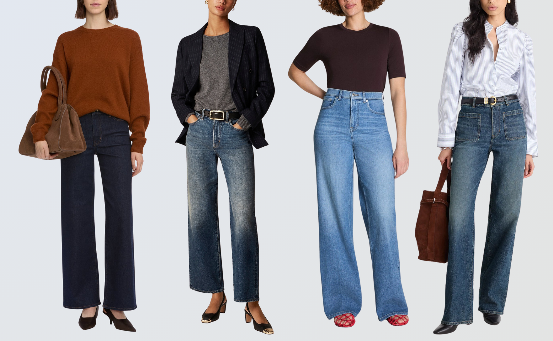 wide leg jeans on four models