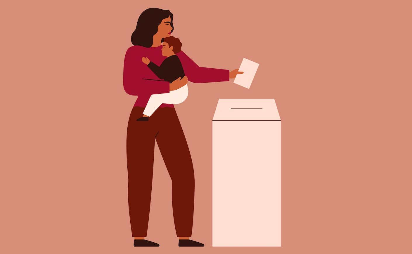 woman holding baby placing ballot in ballot box