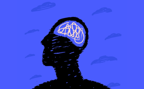 Illustration of a person's silhouette with a brain inside their head, surrounded by clouds