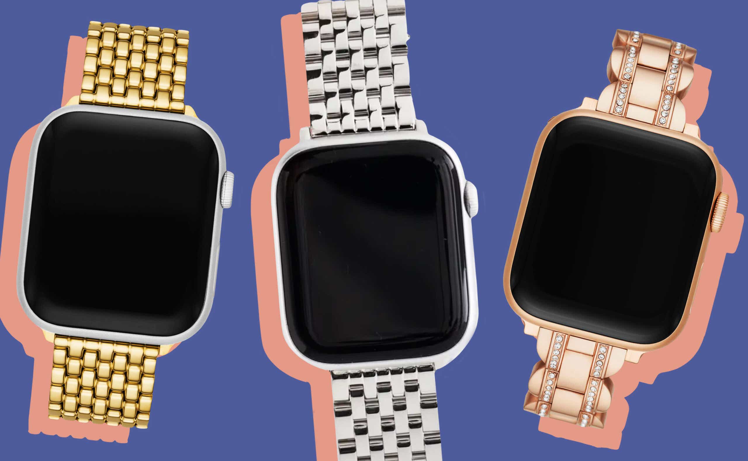 three apple watches on purple background