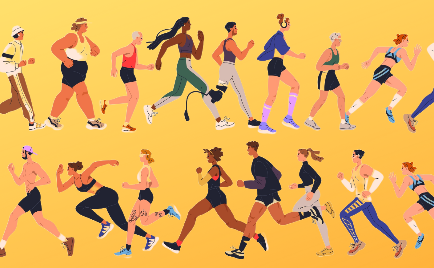 Illustration of people with different body types running in a line