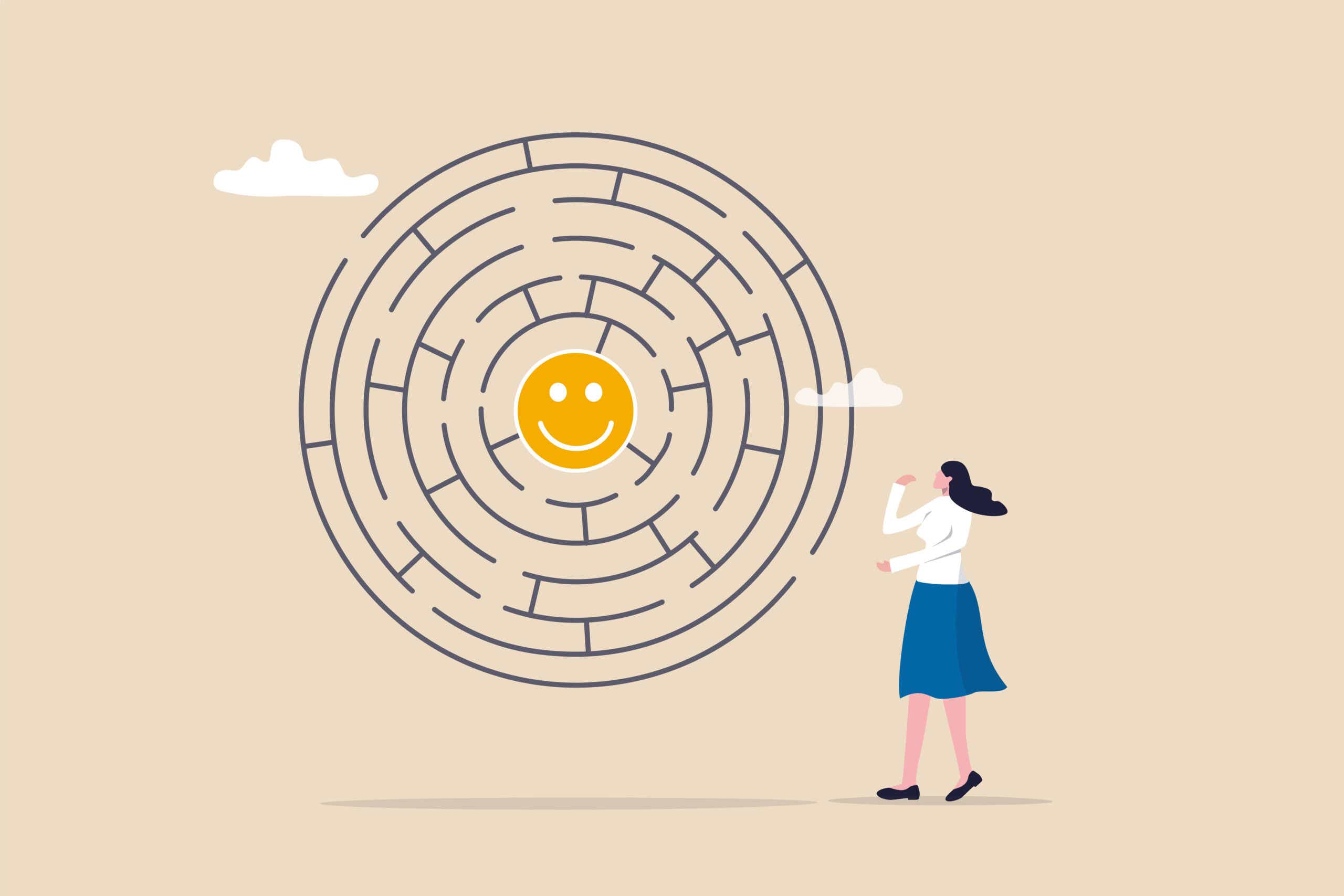 an illustration of a woman looking at a maze with a smiley face in the middle