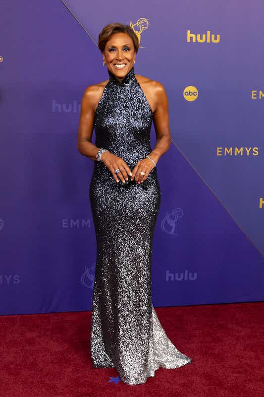 Robin Roberts wears a high-necked ombre sequin gown that fades from navy blue at the top to silver on the bottom.