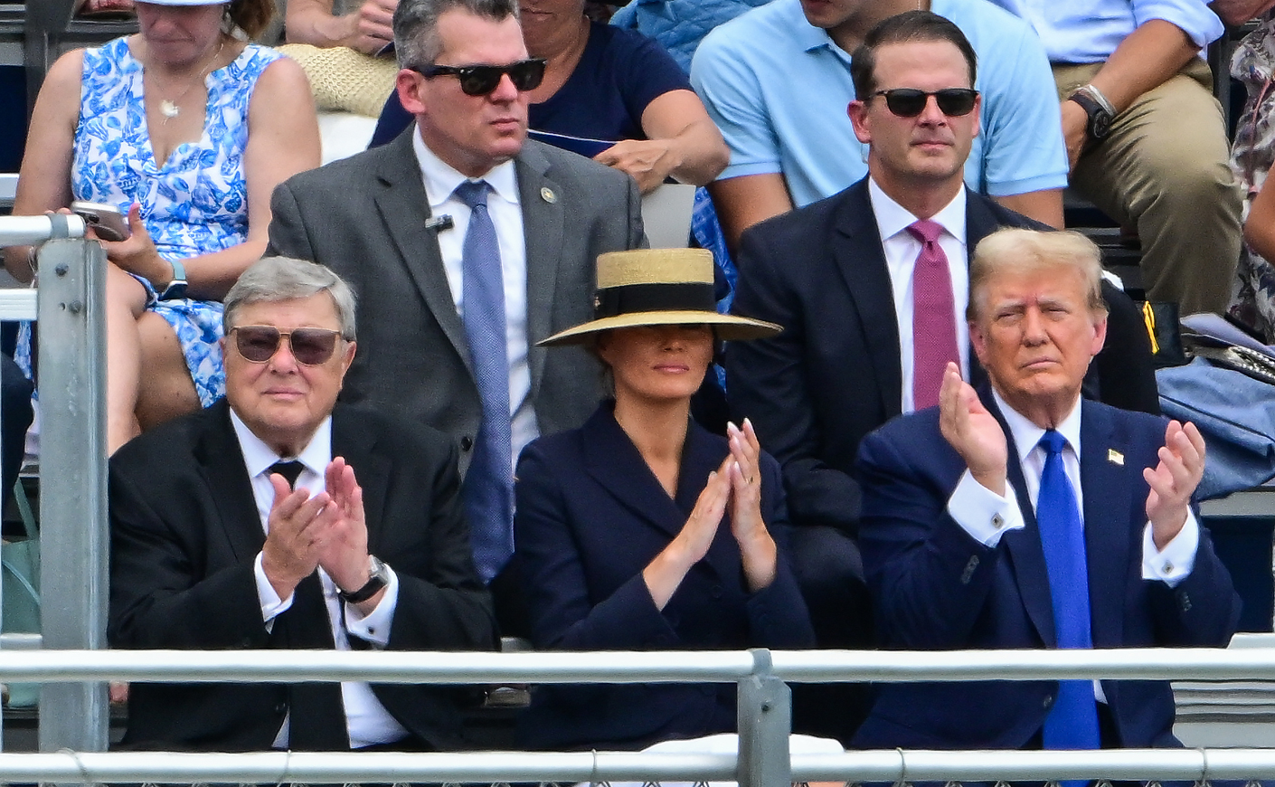 Melania Trump, Donald Trump, and Melania's father Viktor Knavs (left) attend Barron Trump's graduation at Oxbridge Academy in Palm Beach, Florida, on May 17, 2024.