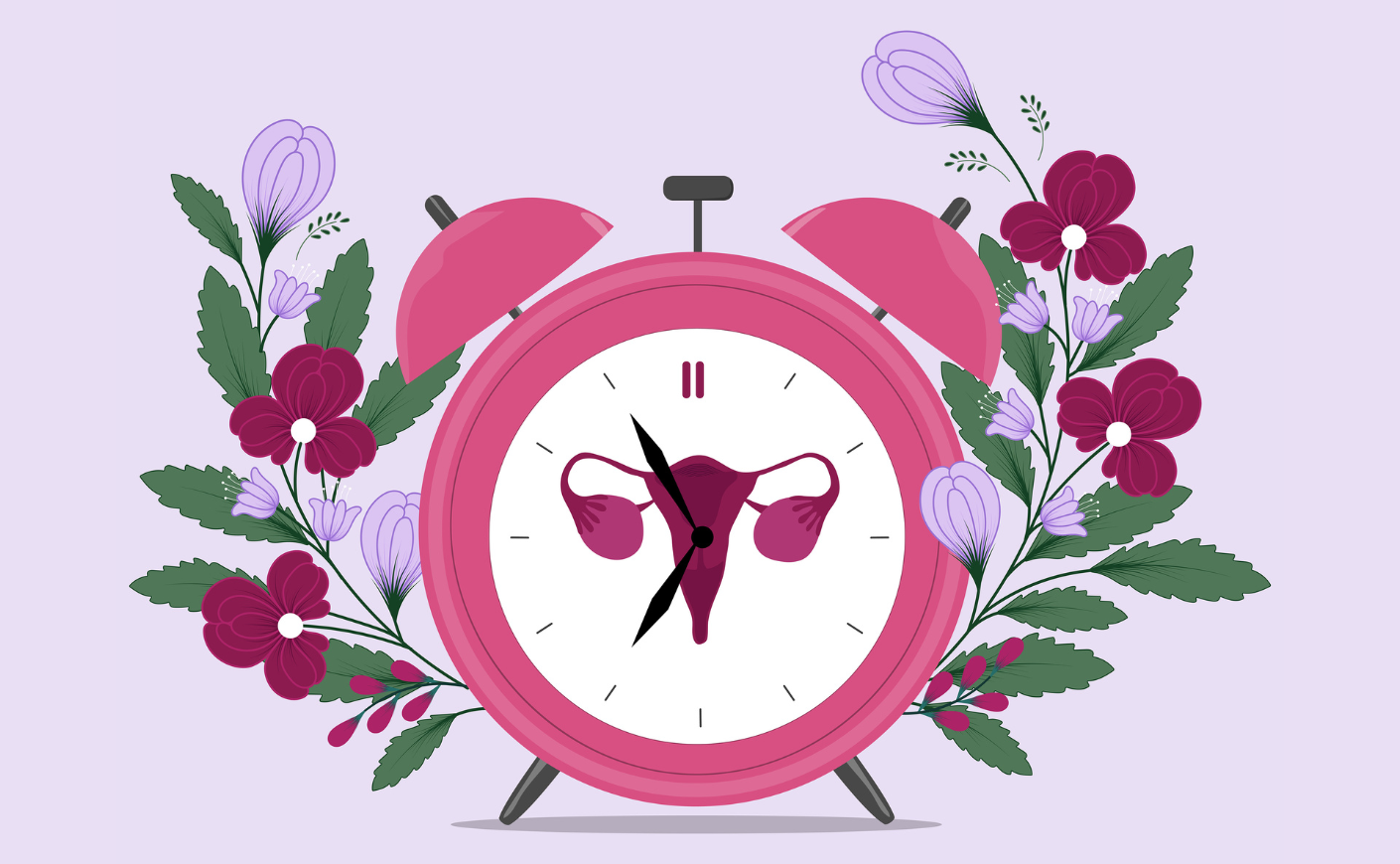 Illustration of a pink clock with a uterus inside it, surrounded by flowers