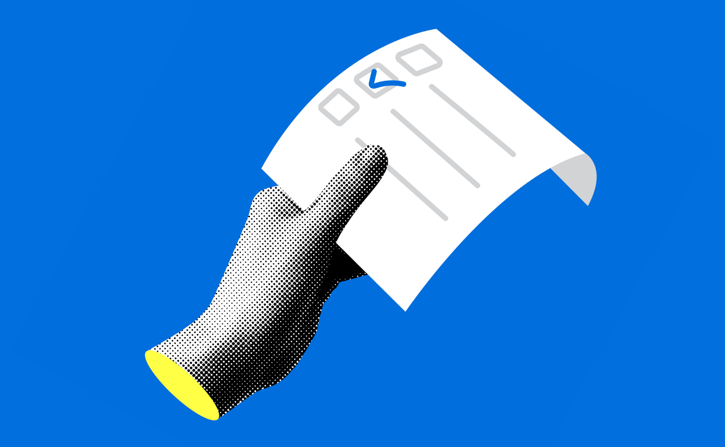 Illustration of a hand holding a voting ballot