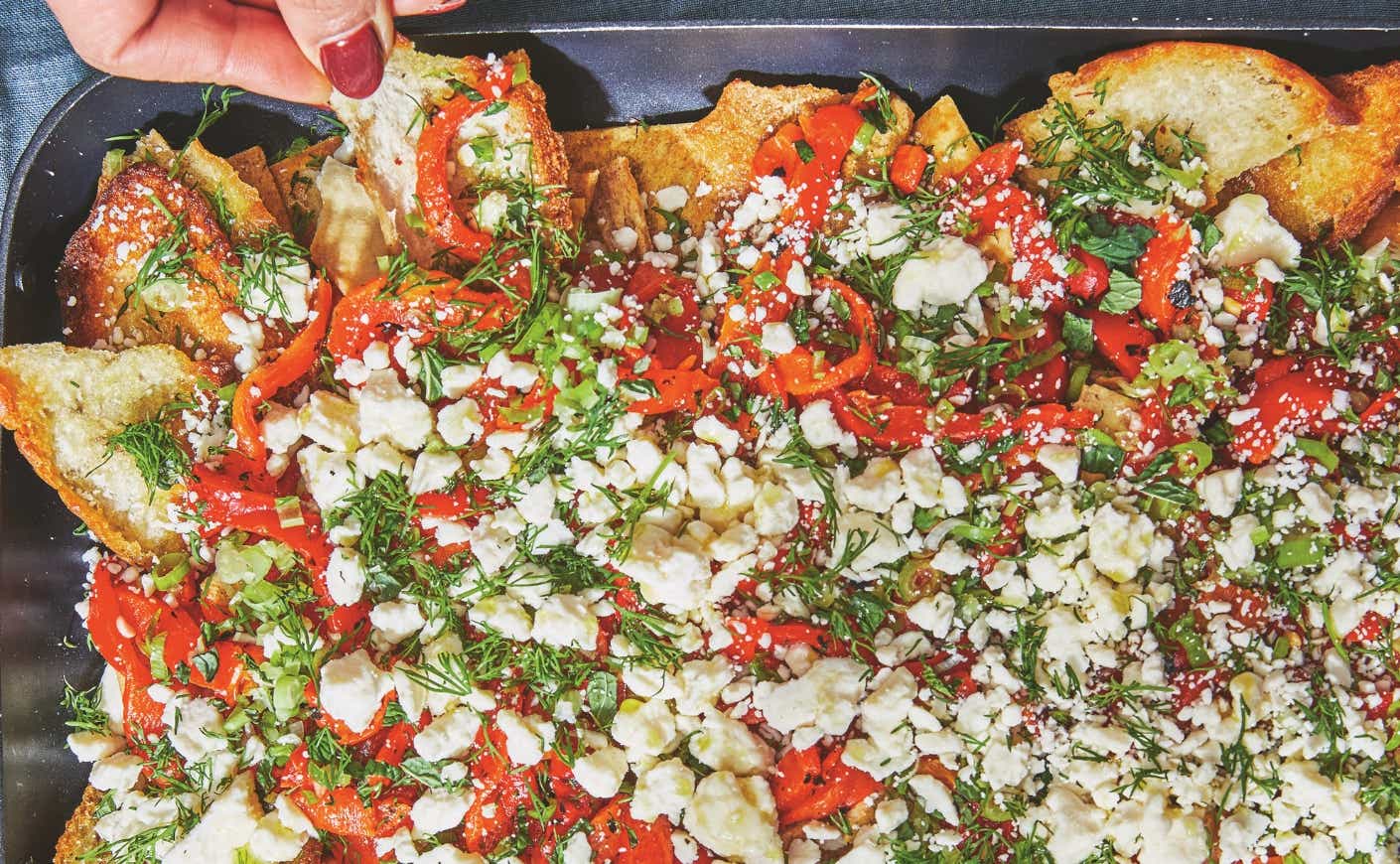 a tray of feta nachos