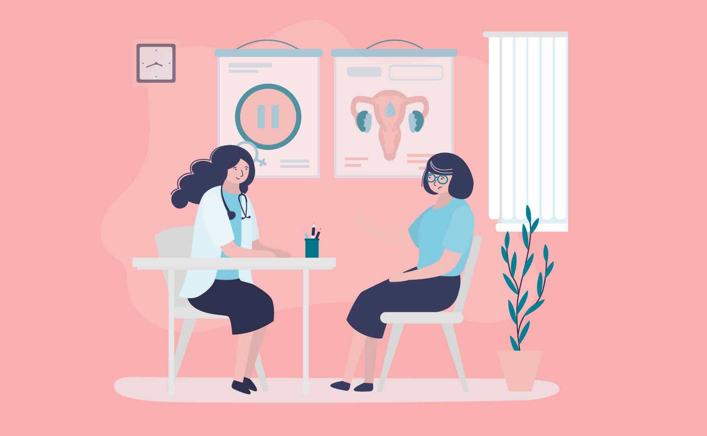 illustration and patient and doctor sitting down with female anatomy posters behind them