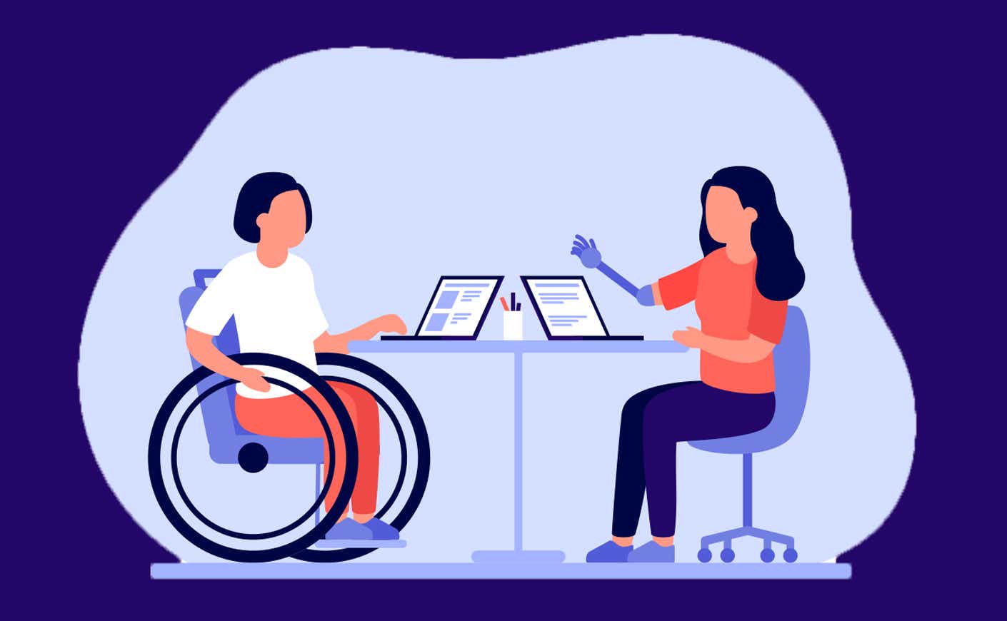 Illustration of woman in a wheelchair talking to coworker with a prosthetic arm as they sit at a table with their laptops open