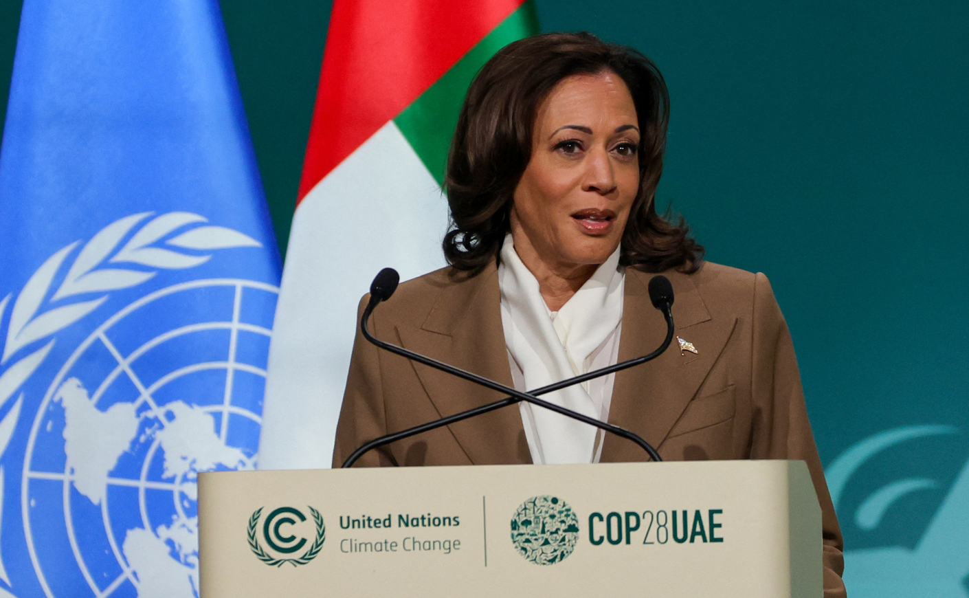 Kamala Harris speaks at the at the United Nations COP28 climate summit in Dubai on Dec. 2, 2023.