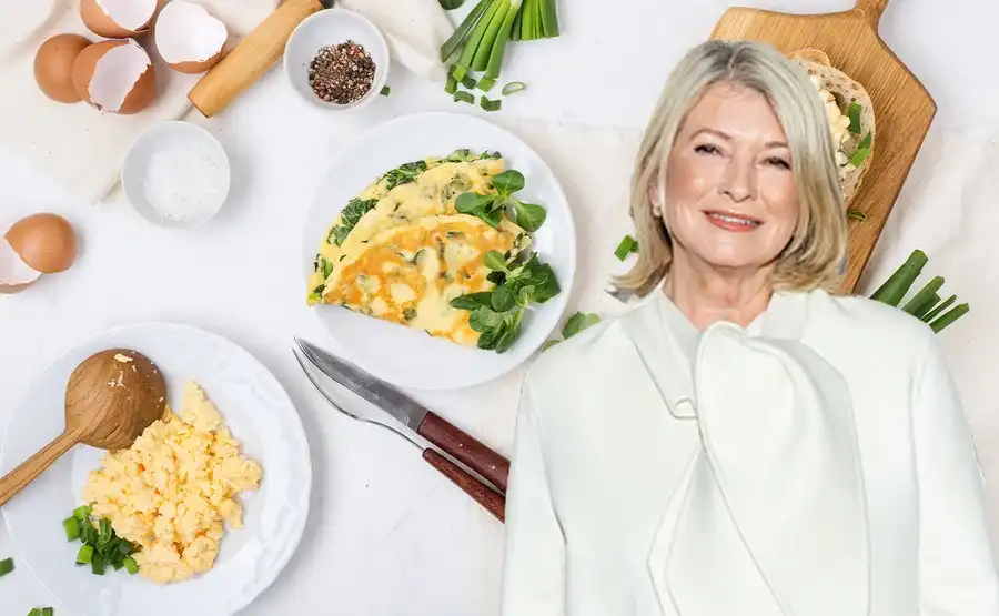 Martha Stewart in front of egg dishes