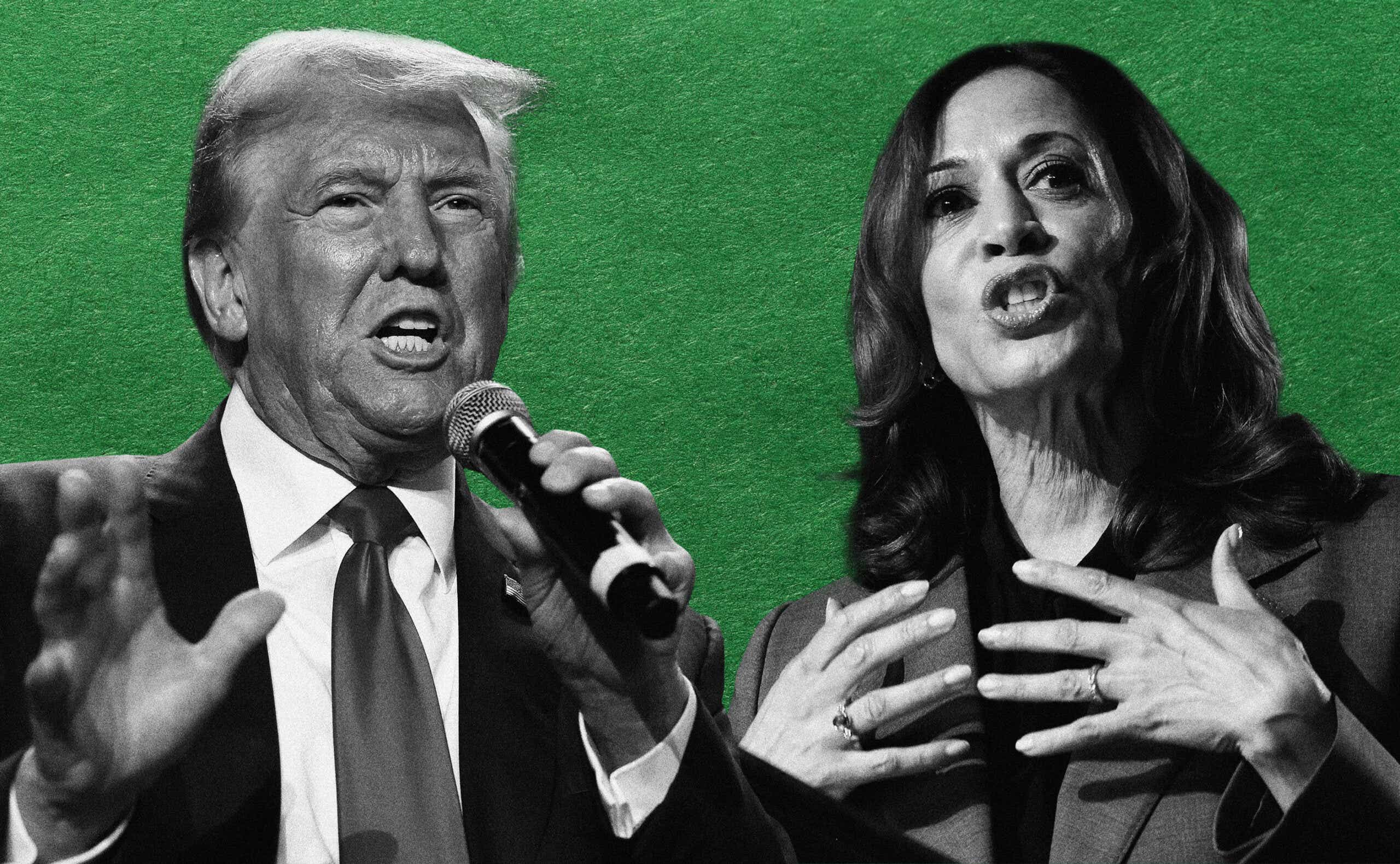 Donald Trump and Kamala Harris over a green background