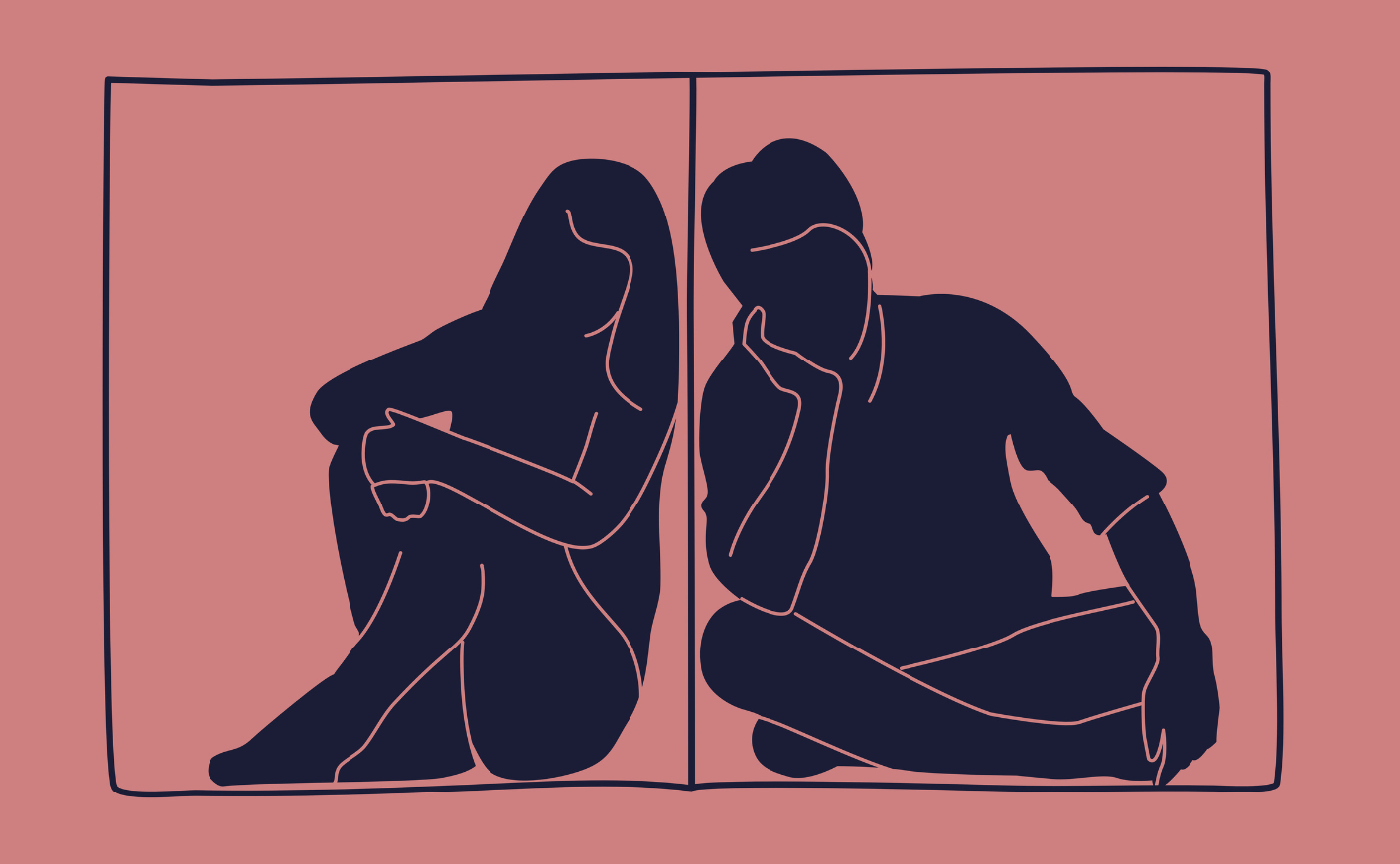 Illustration of a couple sitting in separate squares, with a line dividing them