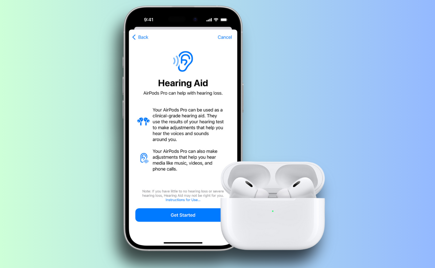 apple airpods with hearing aid settings shown on iphone