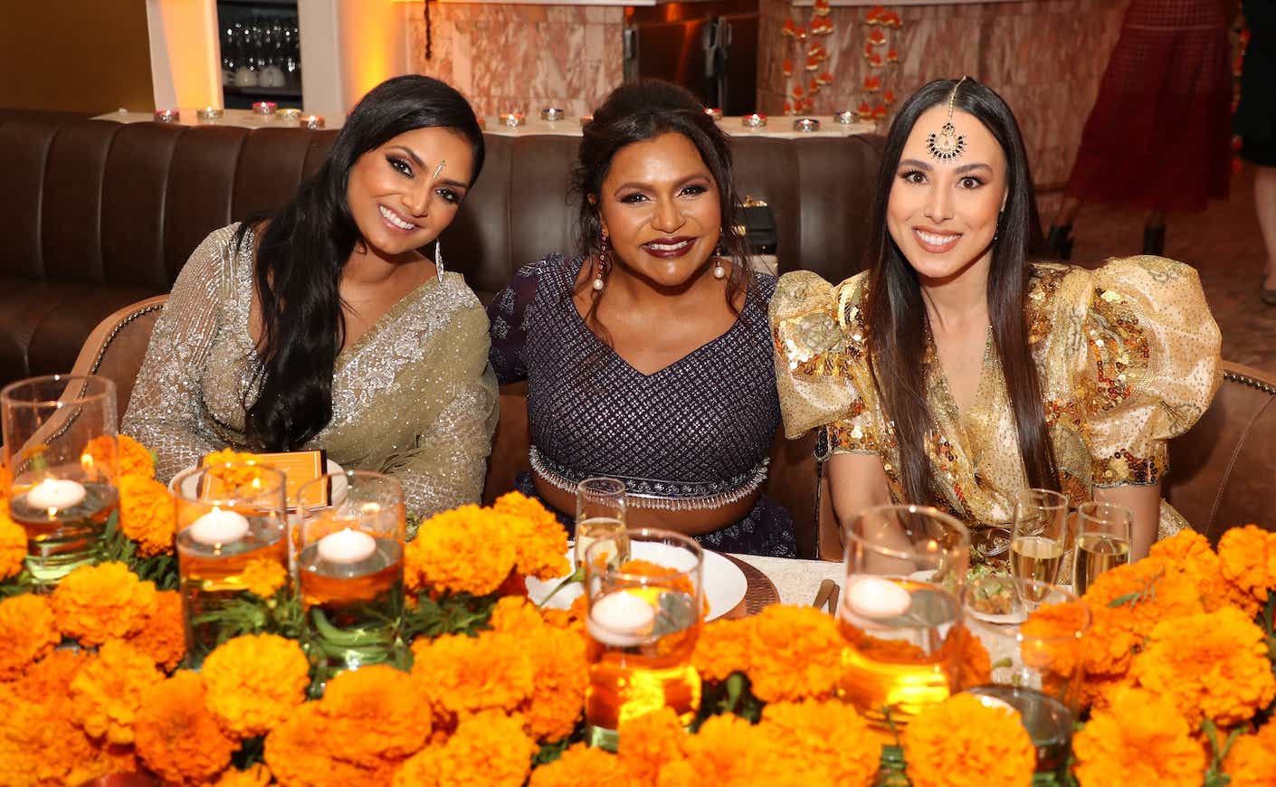 Deepica Mutyala, Founder and CEO of Live Tinted, Mindy Kaling and Meena Harris, Founder and CEO of Phenomenal attend the Phenomenal x Live Tinted Diwali Dinner