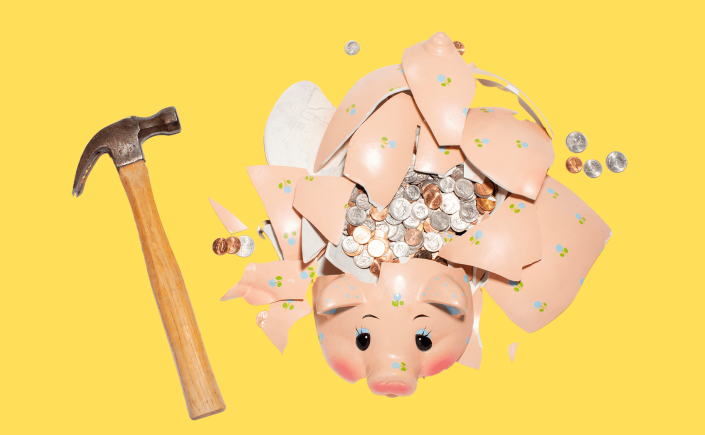 piggy bank smashed with a hammer