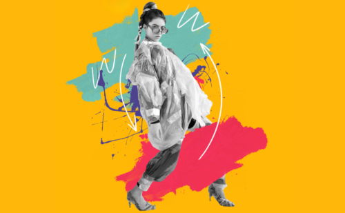 Young beautiful female fashion model in clothes made of plastic bags over orange background with paint strokes