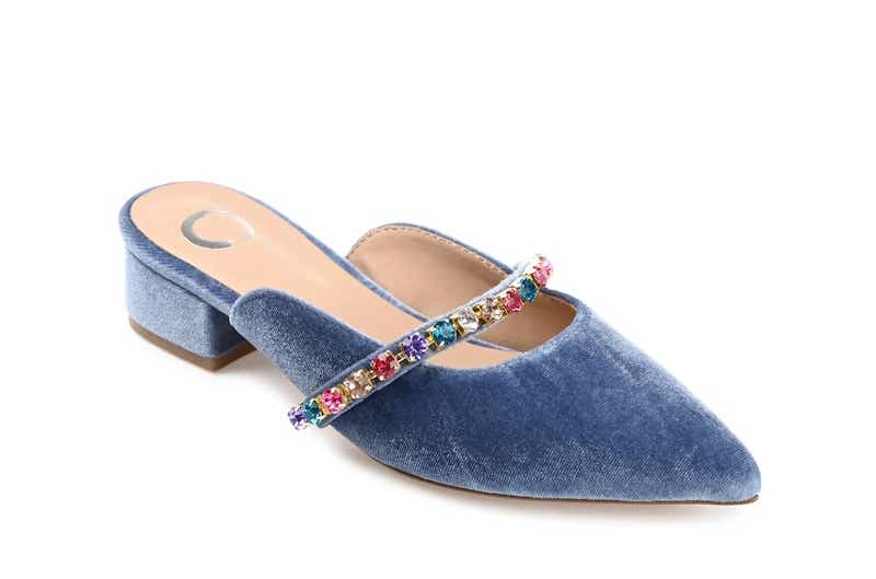 blue velvet mule with multicolored jewel strap