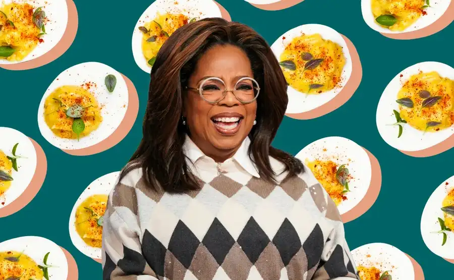 Oprah in front of a pattern of deviled eggs