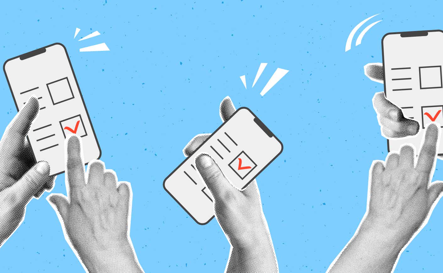 Illustrations of black-and-white hands holding phones with ballots on the screens