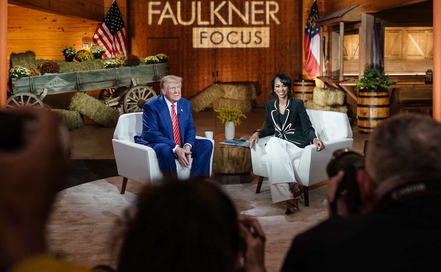 donald trump on stage for the fox town hall with harris faulkner