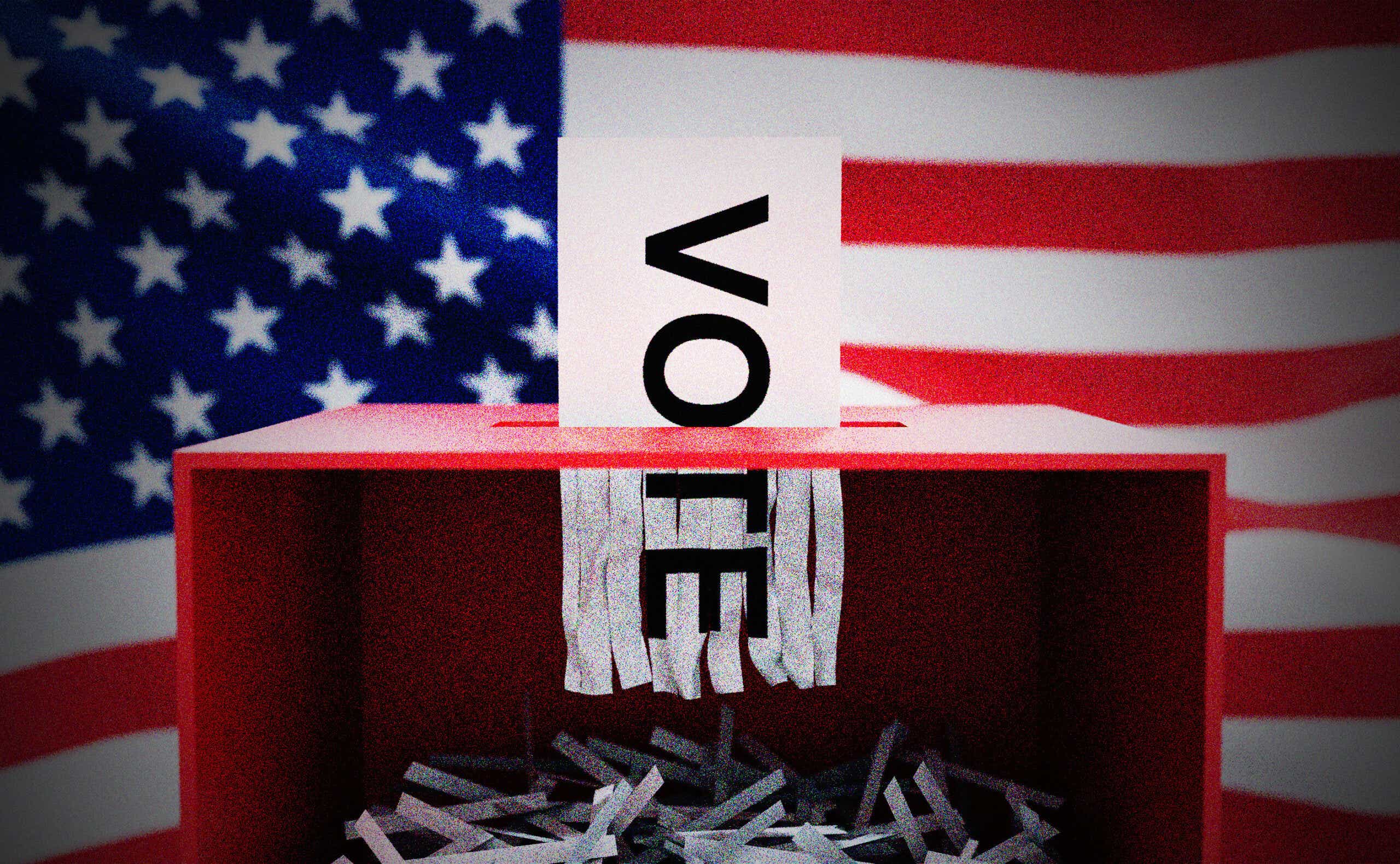 a piece of paper that says "vote" going into a ballot box and being shredded