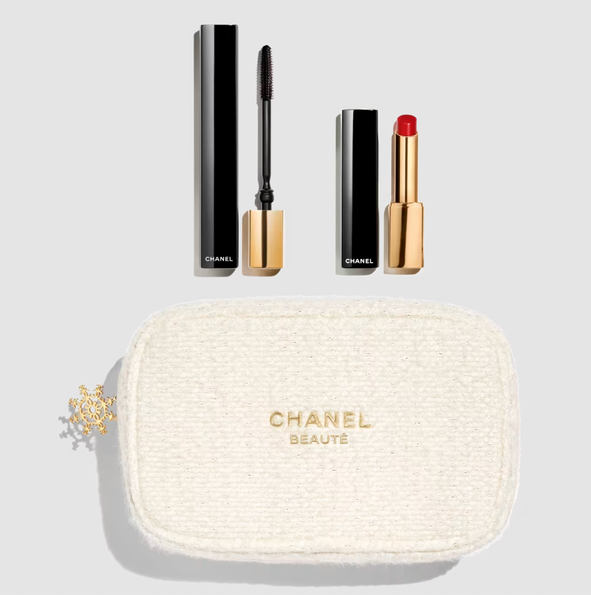 Chanel Ultimate Allure mascara red lipstick and chanel makeup bag